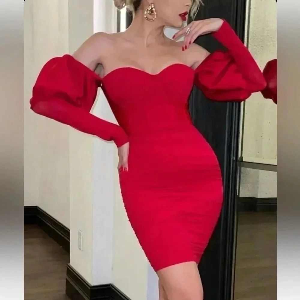 Olivia Mark – Lantern Sleeve Ruched Off Shoulder Bodycon Dress - Picture 2 of 15